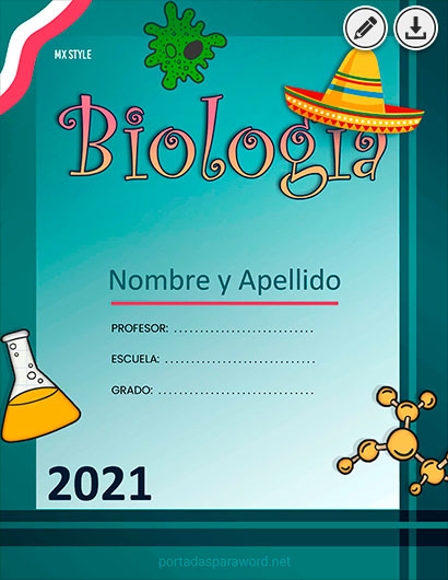 Portada de Biología para Word y Cuadernos nº 6. Tipo creativa. Estilo Mexicano. Color azul verde, rojo y amarillo ámbar. Descarga gratuita.